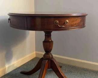 Round Dark Brown Wooden Side Table With Drawer Handles 