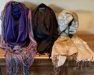 Vintage Scarf Collection - Solid Blue & Black - Multi Color - Tapestry Tan & Brown With Fringe 