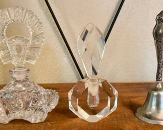 2 Vintage Crystal Perfume Bottles & A Sterling Silver Handled Bell 