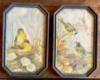 2 Antique Wood Framed Bird Pictures  