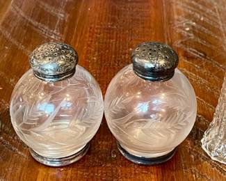2 Pairs Sterling  Silver & Crystal Salt & Pepper Shakers(1) Frank Whiting  (1) Etched Glass Sugar Sterling Top