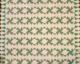 Antique Handmade Drunken Path Green & White Quilt 76" X 78" 