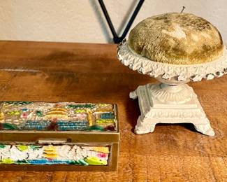 Cloisonne Antique Chinese Vintage Stamp Box Enameled & Cast Iron Pin Cushion Holder 