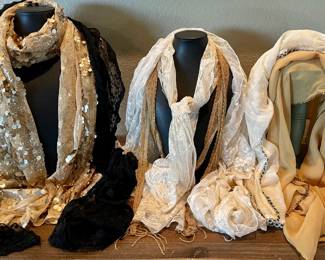 Vintage Scarves -Black And White  Lace - Blue Floral & White And Tan Seed Bead - Gold Sequins  And More