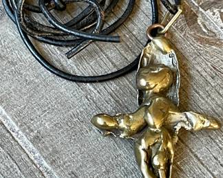 Artisan Silverware And Brass Figurine Leather Strap Necklace Hand Made And Purchased In Brussels 