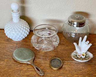 Antique Dresser Lot - Crystal Powder Jar - Dot Jar With Metal Lid - Brass Frame - Mirror And More 