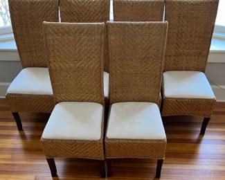 Set Of 6 Vintage Rattan Dining Chairs With White Padded Cushions (as Is)