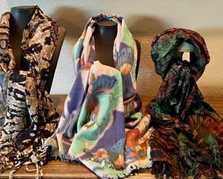 2 Vintage Cotton Batik Scarves & An Anthropologies Wool Butterfly Print Scarf 
