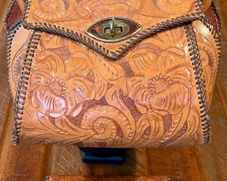 Vintage Hand Tooled Leather Western Purse With Matching Wallet And Bakelite Closure 