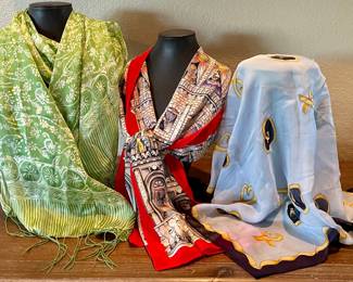 3 Vintage Silk Scarves - Green Pattern With Fringe - Paloma Picasso Blue Gold Hearts - Casca Window Scene