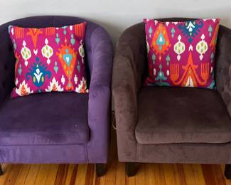 Pair Of Brown And Purple Tufted Material Barrel Chairs
