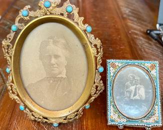 Antique Micro Mosaic Italy Brass Miniature Picture Frame & Antique Majestic Stone Brass Antique Oval Frame