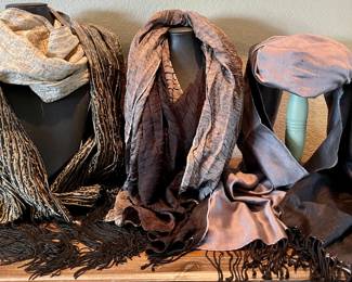 Vintage Black, Tan & Grey Scarf Lot With Fringe 
