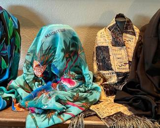 4 Rayon Blend Scarves - Sarongs - Ile Maurice - Black Dolphin - Musical Instruments W Fringe - Blue Abstract