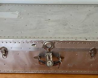 Vintage Metal Trunk With Casters, Leather Handles, Metal Trim, And Keys