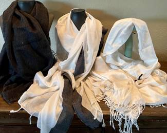 3 Vintage Scarves - White TravelSmith Pashmina & Silk Blend - Persian White W Black Trim - Black Woven 