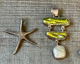 2 Sterling Silver Pendants - Starfish And Fresh Water Pearl 3 Tier Green & Grey Pearls 