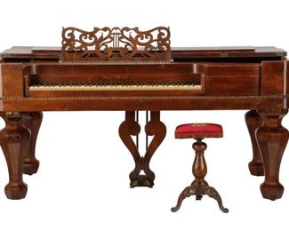 Rare Antique Dubois & Warriner (American (New York)1850-1852) Grand Piano (circa 1850-1852). An American rare and museum-quality square grand piano in rosewood having hinged top and fancy pierced music stand over a D-end molded case enhanced with ripple molding and resting on massive faceted octagonal faceted baluster form legs ending in casters. The interior above the 78 keys stamped in gilt "Dubois & Warriner New York" . The sound board is also decorated with inlaid mother of pearl. Piano is accompanied by an adjusting piano stool. Approximate height 36.5", width 73.25", depth 33.75". Note: William Dubois pianos are considered museum-quality and was one of the most renowned names in the piano industry in 19th Century. Dubois began his career as importer, retailer and music publisher in 1813 in New York City. From 1850 to 1852, Dubois partnered with Daniel C. Warriner to make pianos. Approx. Dimensions: 36.5" H x 73.25" W x 33.75" D Medium: Rosewood Date: 1850-2