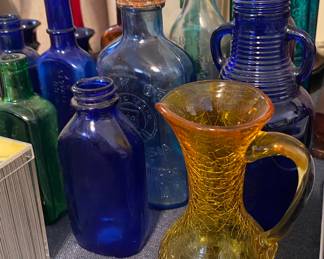 Assorted Bottles and Crackle Glass