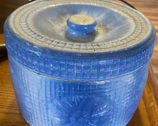 Old Blue and Grey Daisy and Waffle Stoneware Pantry Crock