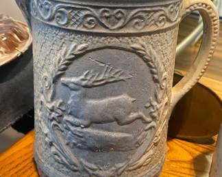 Old Blue and Grey Stoneware Pitcher with Deer