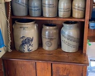 Primitive Cabinet with Assorted Cobalt Decorated Stoneware Pottery