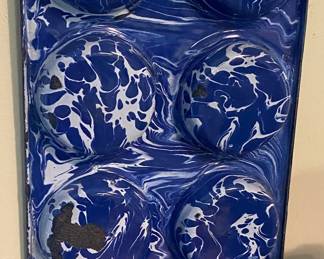 Blue and White Swirl Granite Ware Muffin Tin