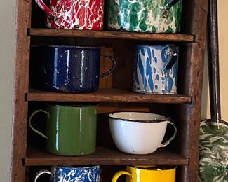 Collection of Assorted Granite Ware Mugs with Primitive Display