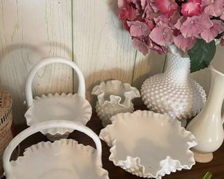 Fenton Hobnail Milk Glass Baskets and Vases