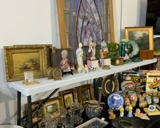 Antique clear glass faces, vintage signs, 7UP, toys, porcelain figurines, trays, white serving pieces