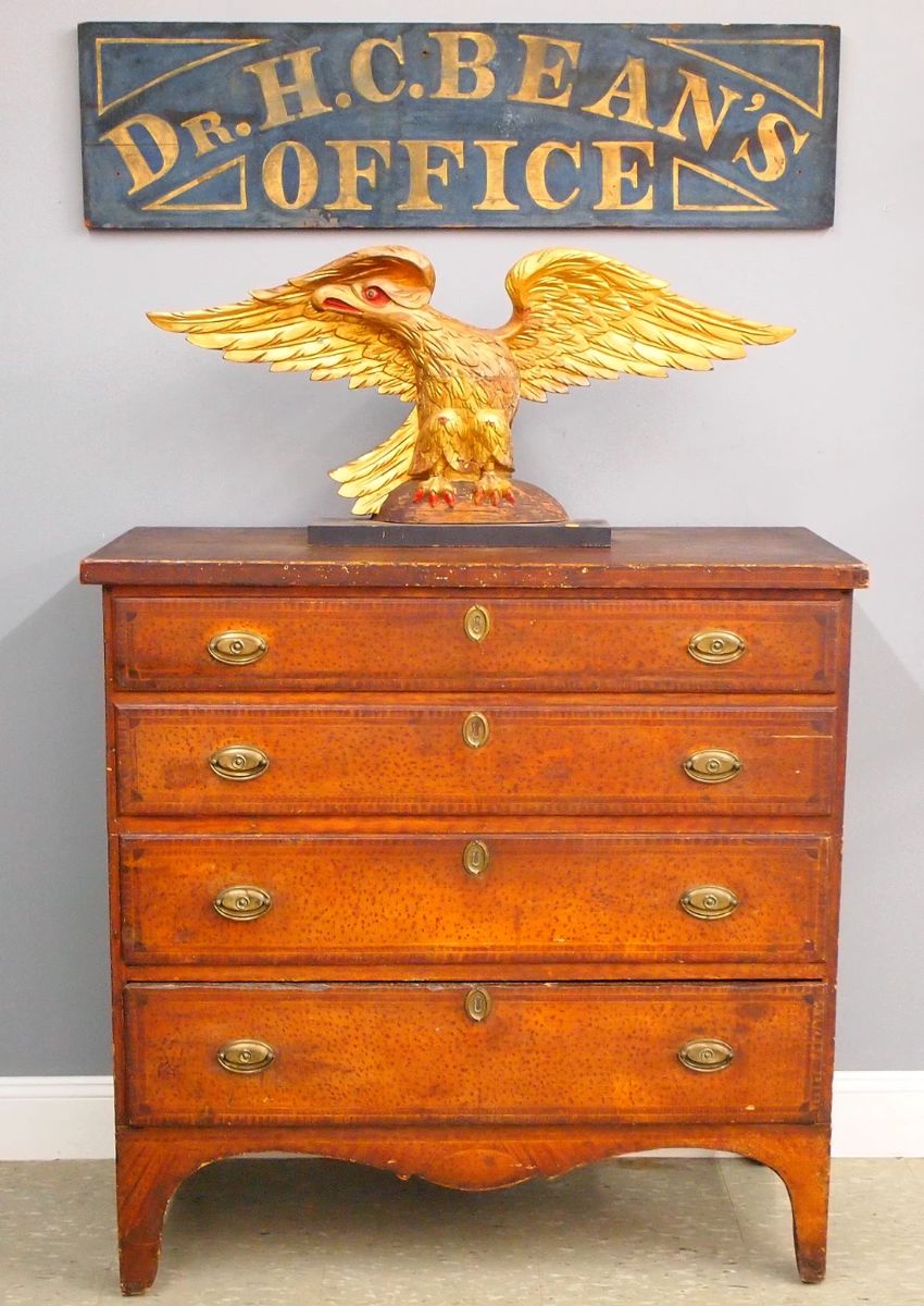 Matteson Type Federal Painted Mule Chest, Carved Wooden Eagle, Wooden Trade Sign