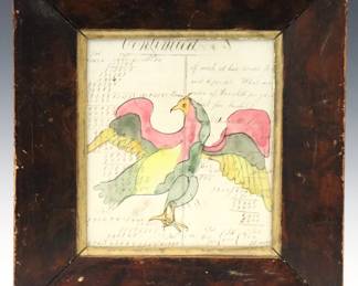 A 19th century Pennsylvania Folk Art painting of an Eagle.  Watercolor and ink on a leaf of wove paper with hand-written accounting.  Retains partial framing label "From J. Makinson & Co." verso.  Some toning and very slight foxing, not examined out of frame.  Image 5 1/2 x 4" high, in a molded wood frame with original "Burl" painted finish and some wear, 11 1/2 x 12" high overall.  NOTE: From the Collection of Connie Covent, "Sign of the Windsor Chair" Antiques, Clarkston, Michigan.