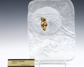 A late 20th century Daum Crystal sculpture designed by Isabelle Echarri, titled "Ophelie".  Depicts a Gilded mask within a frosted plaque with molded fruit design.  Signed "E. Charri" at lower left side, numbered "4/150" and incised "Daum" on reverse.  Minor surface wear to back.  9 1/4" high.