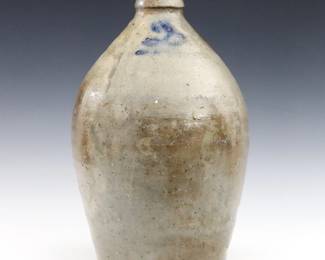 A 19th century American Stoneware jug from Catawba Valley, North Carolina.  Bulbous form with strap handle and salt glazed exterior and Cobalt Blue painted "2".    Labeled "Souvenir of Loarn" at underside.  Some firing cracks from production at body and handle.  15" high.