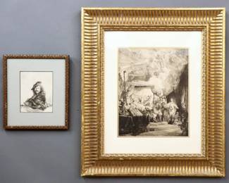 Two prints on paper after Rembrandt van Rijn, Dutch, 1606-1669.  Includes "The Death of the Virgin" and "Self Portrait Leaning on a Stone".  Label verso of Virgin frame identifying as New Hollstein's fifth (of 5) state, annotated "B99" in pencil paper verso, no visible watermarks to either.  Virgin signed "Rembrandt f." and dated "1639" in the plate lower left.  Both sheets trimmed, some toning and minor foxing.  Images 11 3/8 x 14 1/4" high and 5 1/2 x 7 3/8" high