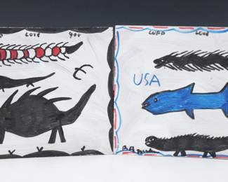 Reuben Aaron Miller, American (Georgia), 1912-2006.  Two late 20th century mixed media paintings on masonite depicting a dinosaur, shark and other creatures in marker on a White painted background with "Lord Love You" written above.  Each signed "RA Miller" lower left.  Minor wear to paint and surface grunge.  Both 16 x 11 1/2" high overall.