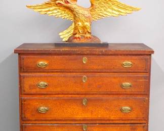 Matteson Type Federal Painted Mule Chest, Carved Wooden Eagle, Wooden Trade Sign