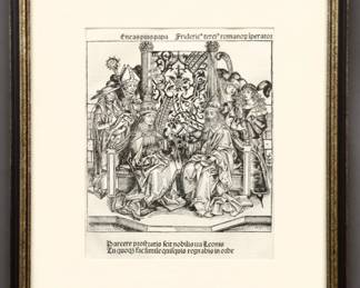 Michael Wolgemut, German, 1434-1519.  A late 15th century woodcut on paper, titled "Meeting between Pope Pius II and Frederick III, Emperor of Germany".  A leaf from the Latin edition of "The Nuremburg Chronicle", c. 1493, verso depicts page "CCLXVII" with Latin text outlining Germanic history.  Minor rippling, some toning and tape visible verso.  Recto image 9 x 11" high, in a modern double sided frame, 16 x 18 1/4" high overall.  ESTIMATE $200-400