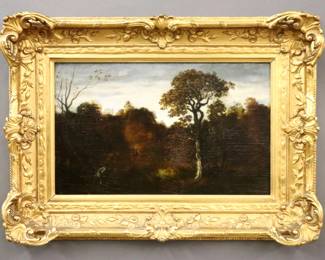 Theodore Rousseau, French, 1812-1867.  A 19th century oil on panel landscape depicting a crouched hunter figure in an autumnal forest.  Signed "Th. Rousseau" lower right.  Revarnished with craquelure, minor paint loss to edges.  Image 14 1/4 x 8 3/4" high, in a Gilt wood framed with minor shrinkage, 20 x 14 1/2" high overall.