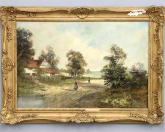 Henry Cooper, British, 19/20th century.  A turn of the century oil on canvas landscape.  Depicts a costal home among trees with figures in the foreground.  Signed "Henry Cooper" lower right.  Some surface wear and scrapes to paint, craquelure and surface grunge.  Image 29 1/2 x 19 1/2" high, in a Gilt wood frame with damage, 36 1/4 x 26 1/4" high overall.