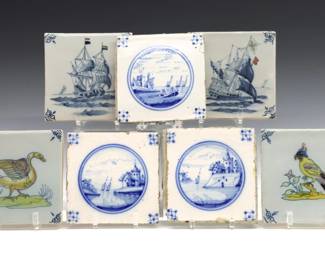 Seven 19th and early 20th century Delft tiles.  Includes three earlier tiles with traditional Harbor scenes, and two later pairs with Bird and Ship designs.  Set of three with crazing and edge chips.  Each 5" high.