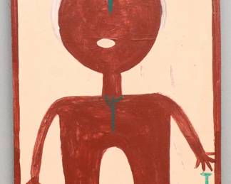 Mose Ernest Tolliver, American (Alabama), 1925-2006.  A late 20th century house paint on plywood panel painting depicting a self portrait of the artist with crutches.  Signed "MOSET" with characteristic backwards "S" lower center, pop can tab hanger verso.  Minor craquelure to paint and surface grunge.  Panel 15 x 26 1/2" high overall.