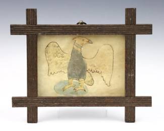 A 19th century Pennsylvania Folk Art painting of an Eagle.  Watercolor and ink on laid paper.  Some toning and slight foxing, fading to paint, not examined out of frame.  Image 5 1/2 x 4" high, in a hand-carved wooden frame, 8 3/4 x 7 1/8" high overall.  NOTE: From the Collection of Connie Covent, "Sign of the Windsor Chair" Antiques, Clarkston, Michigan.