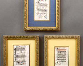 Three 15/16th century Illuminated Manuscript leaves on vellum from the "Book of Hours".  Hand-written Latin text with polychrome tempera illuminations and Gilded detail at recto and verso.  Rippling to vellum, minor foxing and toning, not examined out of frames.  Images up to 4 1/4 x 6" high, in modern double sided frames 9 1/2 x 11 1/2" high overall.