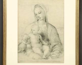An early 20th century lithograph on paper after Raphael's "The Madonna of the Pomegranate".  Mounted with foxing, minor toning.  Image 11 1/2 x 16" high, in a Gilt wood frame with slight wear, 18 3/4 x 23 3/4" high overall.