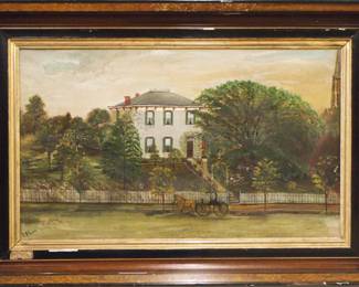 J. G. Evans, American, 19th century.  A 19th century oil on canvas landscape.  Depicts a Victorian home on a tree lined street with horse and carriage in the foreground and church spire next door.  Signed "J. G. Evans" lower left.  Retains partial label reading "Stewart Collection, Ohio, W.C.T.U." at frame.  Canvas re-stretched and lined with restorations and in-painting, some craquelure and surface grunge.  Image 33 1/4 x 19 3/4" high, in a painted wood frame with damage, 42 1/4 x 28 3/4" high overall.