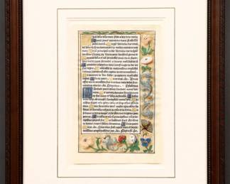 A 15/16th century Illuminated Manuscript leaf on vellum from a Book of Hours.  Hand-written Latin text with polychrome tempera floral and butterfly illuminations with Gilded detail.  Rippling to vellum, minor foxing and toning, not examined out of frame.  Leaf 5 1/8 x 8 1/8" high, in a modern molded wood frame, 12 3/4 x 15 3/4" high overall.
