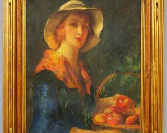 Charles E. Waltensperger, American, 1870-1931.  A turn of the century oil on canvas portrait, titled "Girl with Apples".  Depicts a young woman wearing a Blue dress and hat seated a table with a basket of apples.  Signed "Charles Waltensperger, 94" lower left, additionally signed and titled verso.  Some staining and slight surface grunge.  Image 15 1/2 x 19 1/2" high, in its original Gilded wood frame, 21 1/2 x 25 1/2" high overall.