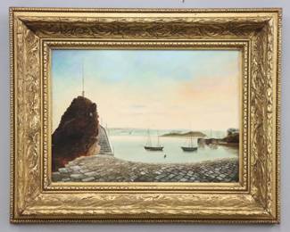 T. L. Evans, British, 19th century.  A late 19th century oil on canvas harbor scene.  Depicts a paved harbor with pier and small boats.  Signed "T.L. Evans" and dated "1882" lower left.  Canvas lined, minor craquelure and surface grunge.  Image 13 1/2 x 9 1/2" high, in a Gilt wood frame with shrinkage, 19 1/2 x 15 1/2" high overall.
