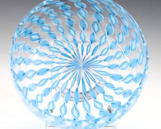 A contemporary Murano Art Glass bowl.  Low, footed bowl with Blue and White swirled canework.  Dated "2010" with illegible signature incised at underside, possibly "Bendatto".  Minor wear.  7" diameter x 3 1/4" high.